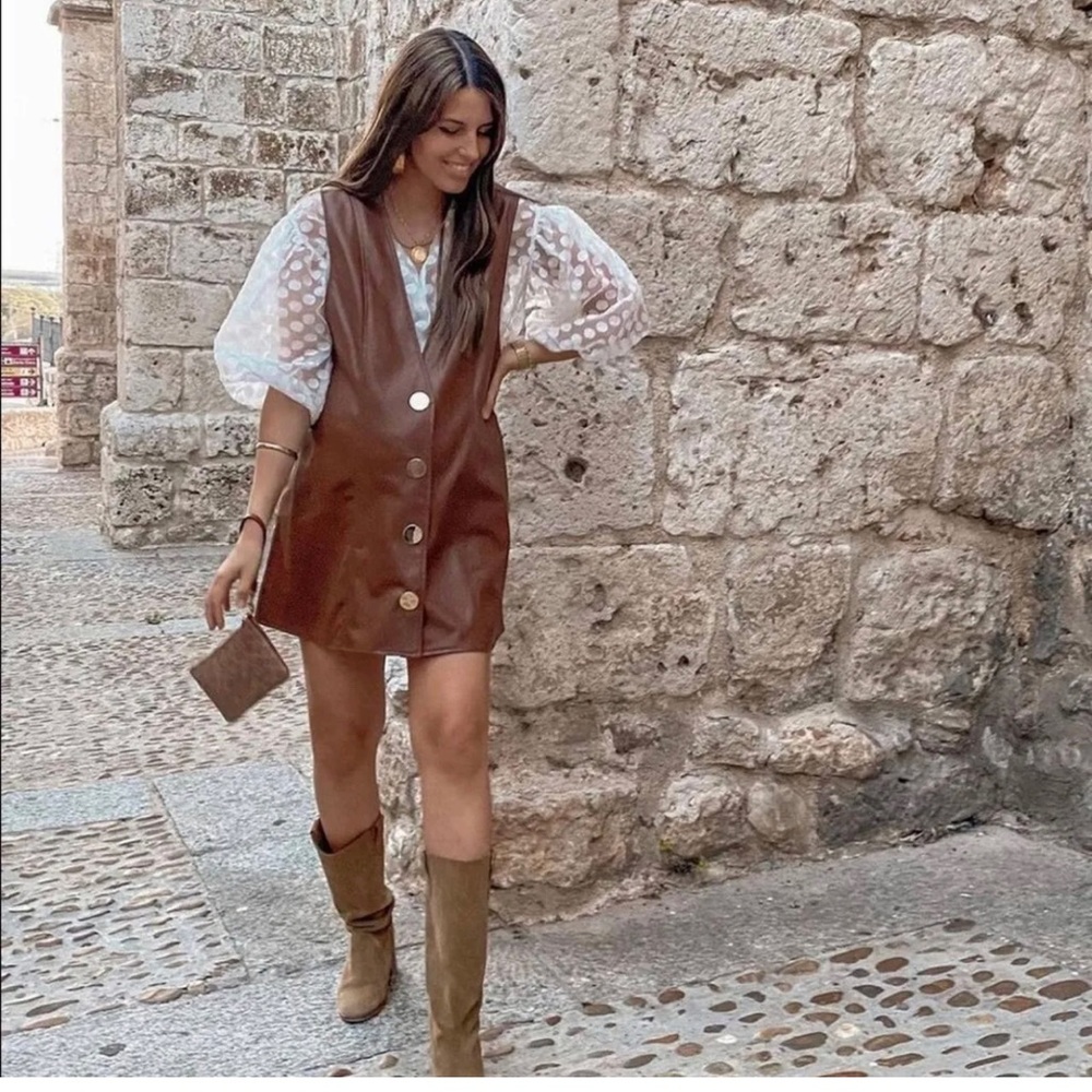 ZARA Brown Leather Button-Front Mini Dress with White Puff-Sleeve Detail Size S
